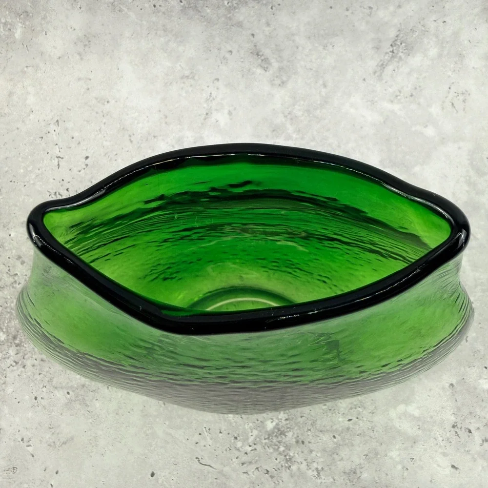 Mid Century Green Glass Pillow Vase Large Textured Hand Blown MCM